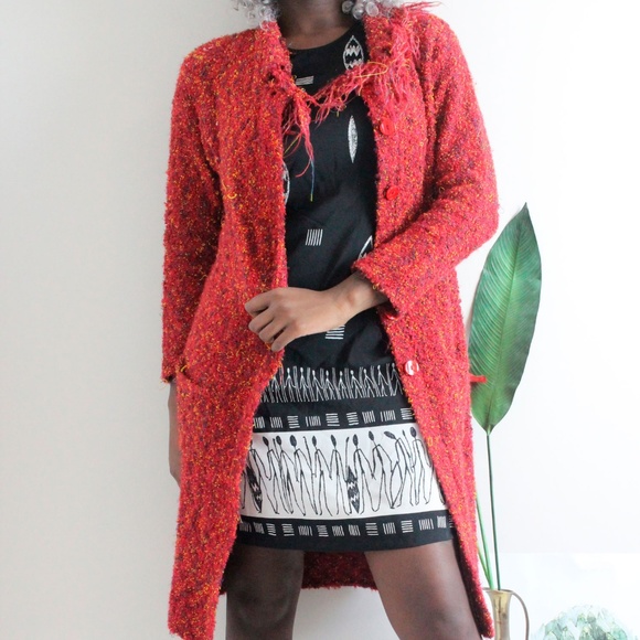 Vintage Long Red Fringe Boho Fall Cardigan - Picture 7 of 8
